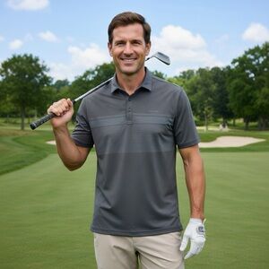 Travis Mathew Charcoal Grey Polo Shirt Subtle Blue Stripes